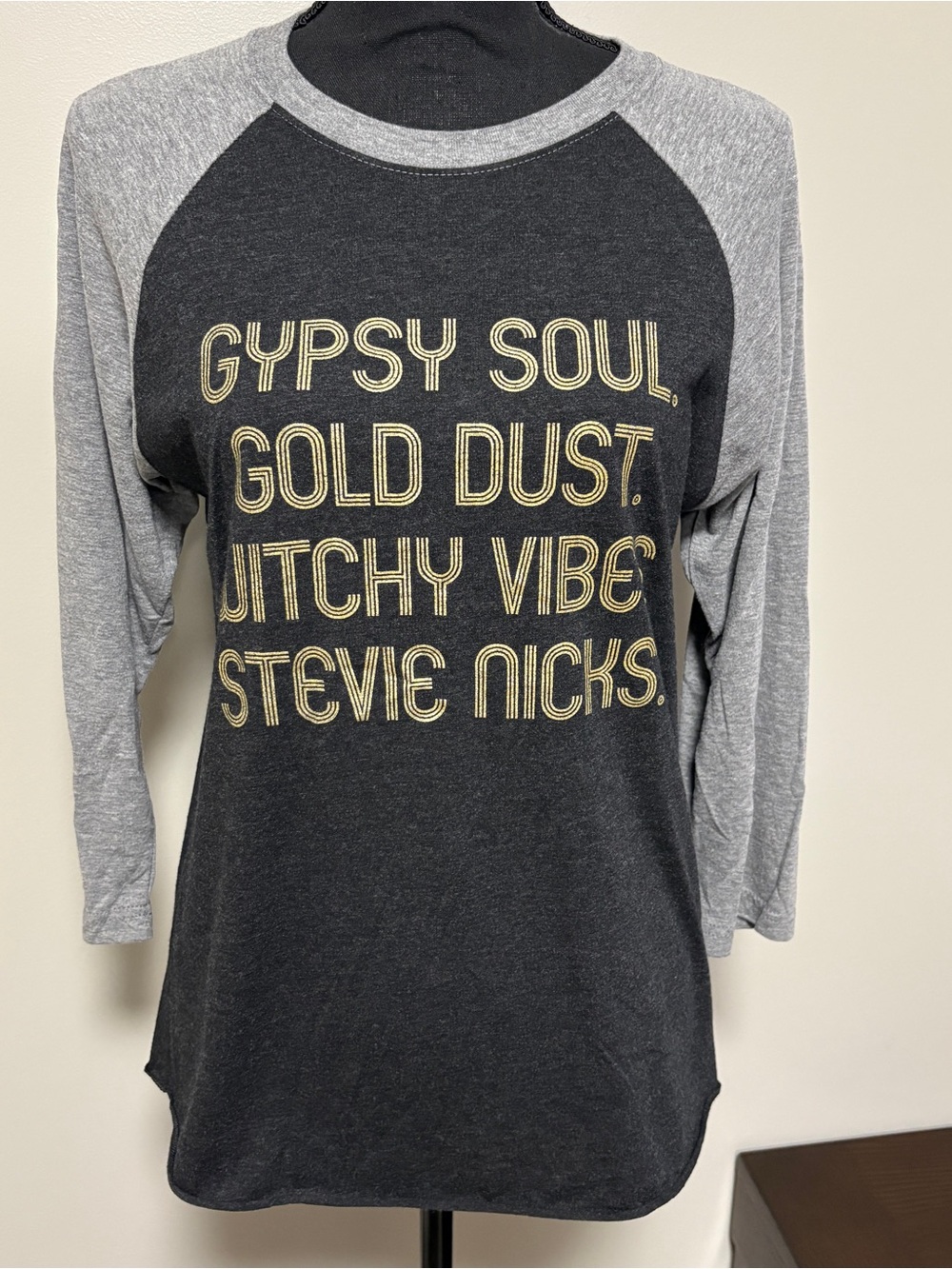 Gypsy Soul Raglan 3/4 Sleeve Graphic Tee - Two Tone Gray with Gold Text